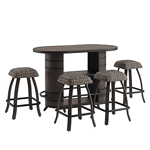 Ulax Furniture Patio Bar Set 5 Piece Outdoor High Bar Stool Bistro Set with Storage Bar Table and Four Wicker Stools - Image 3