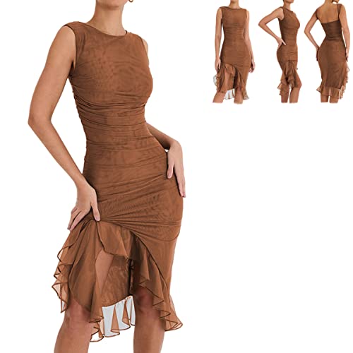 Zhongle 3D Flowers Halter Dress for Women,Sexy Floral Tassels Dress,Y2k Sleeveless Open Back Tassels Dress Sheer for Women (A-Brown,Large)