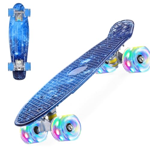 ERNAN Skateboard Complet Mini Cruiser pour Enfants 22"，Skateboard avec Roues LED pour Enfants Débutants Filles Garçons Adolescents Adultes (Deep Blue)