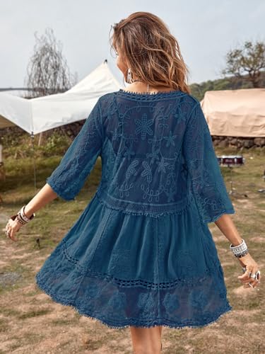 Image of Eomenie Women's Contrast Lace Bathing Suit Cover Up V-Neck Swimsuit Coverups Loose Swimwear Beach Dress Beachwear