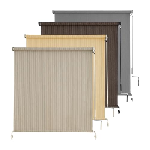 AOSKY Outdoor Shades for Patio Privacy Cordless Porch Roll Up Blinds with Spliced Pole Design Sunshades for Patio UV Blocking Deck Balcony Backyard (96x96 Inch Sesame)