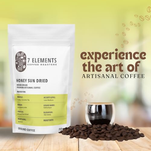Image of 7 Elements Coffee Roasters Honey Sun Dried Ground Coffee - 250 g (Pack of 1) | Medium Roast (Pour-over Grind) | 100% Arabica Freshly Roasted Coffee Grounds | AA Grade | Rich Flavorful Coffee