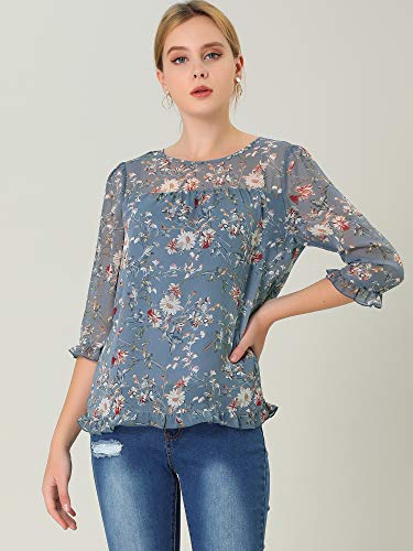 Allegra K Chiffon Blouses for Women Casual 3/4 Length Sleeve Floral Tops3