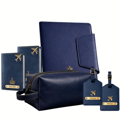 Image of Vegan Leather Family Travel Gift Set, Large Travel Organizer, Medium Pouch, 2 Passport Covers, 2 Luggage Tags in Gift Box (Blue)