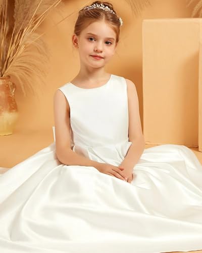 Satin Flower Girl Dresses for Wedding Lace First Communion Dress Girls Junior Bridesmaid Pageant Party Gown with Bow3