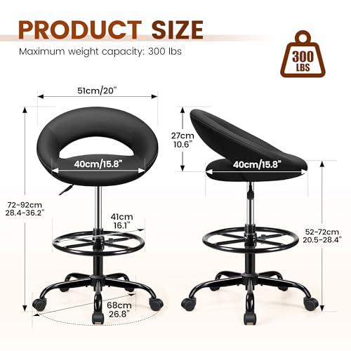 Image of Ergonomic Drafting Chair for Standing Desk - Height Adjustable Tall Rolling Stool with Foot Rest, Back Support & PU Leather, 360 Swivel Wheels for Home Office Kitchen Counter Salon, Black