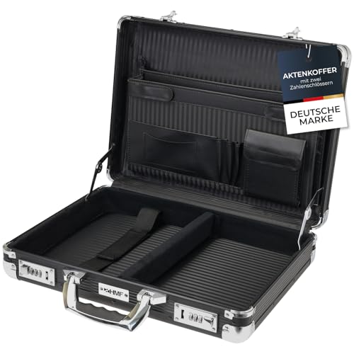 HMF Alu Aktenkoffer für Laptop bis 17 3 Zoll Businesskoffer Herren mit Zahlenschloss gepolstertem Laptopfach und Organizer im Deckel | 45 x 33 x 11 cm | Schwarz