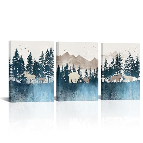 Canvbay 3 Panel Watercolor Mountain Landscape Wall Art Woodland Bear