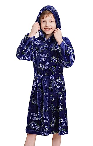Doctor Unicorn Boys Soft Hooded Bathrobe Kids Warm Gamer Fleece Robe Sleepwear (Navy Legend Gamer - 10-11 Years)