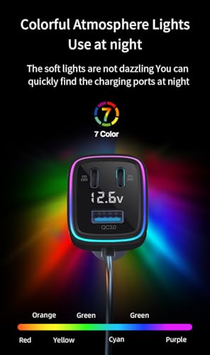 Image of 5FT Cable 115W 6-Port Multiport Car Charger, Cigarette Lighter USB Splitter | PD 36W, QC3.0 USB C A Fast Charging,Back Seat Charging, Car Travel Essentials for Road Trips