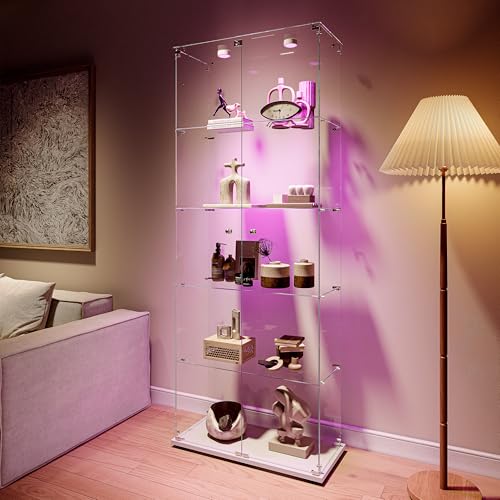 BLSYHDH Vitrine en Verre avec LED,Armoire vitrine pour Collection avec 2 Porte 5 étagères Transparent Meuble Vitrine Verre vitrines Figurine Armoire Salon Bar (5 étages 2 Porte+LED-2, Blanc)