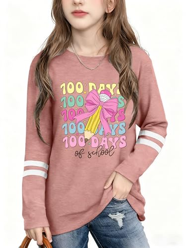 WOSHN Happy 100 Days of School Shirts for Kids 100th Day of School Celebration Long Sleeve Shirt Boys and Girls(Pink,130)