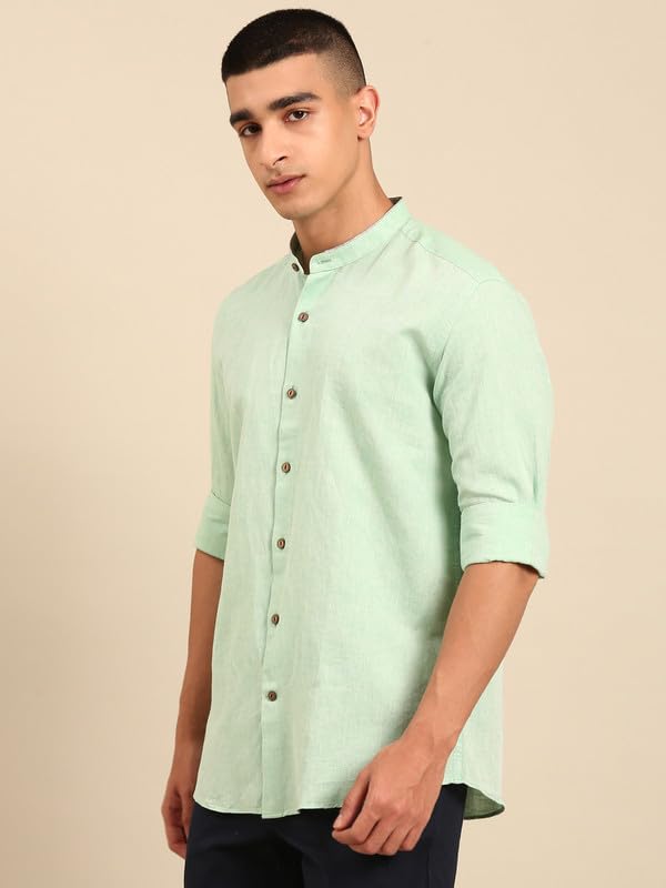 Image of Cavallo by Linen Club Men's Blended Linen Blue Solid Contemporary Fit Full Sleeve Casual Shirt
