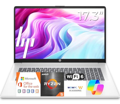 HP 17.3 Inch Business Laptop Computer • 2026 Edition • Latest AMD Ryzen 5 CPU • 16GB RAM • 512GB SSD • 17.3' FHD Display • Long Battery Life • Windows 11 with Office 365 for The Web