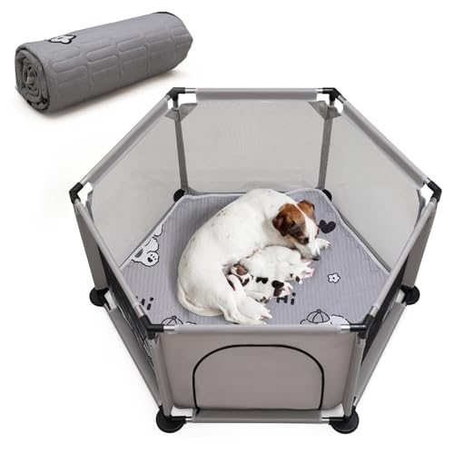 Box esagonale per cuccioli di cane extra alto box per parto + tappetino per il parto per cani di taglia grande e piccola taglia forniture per il parto essenziale per cani cuccioli 122 x 65 cm