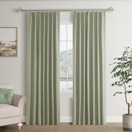 Joywell 100% Blackout Linen Pinch Pleated Curtains 84 Inch Long, Back Tab Drapes with Hooks Thermal Insulated Light and Wind Blocking for Bedroom Living Room,W40 x L84,Sage Green,2 Panels
