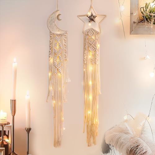Nice Dream Star Moon Dream Catchers for Bedroom Adult Dream Catcher Wall Decor Boho Dream Catcher for Girls Macrame Wall Hanging for Home Decor Ornaments 2pcs
