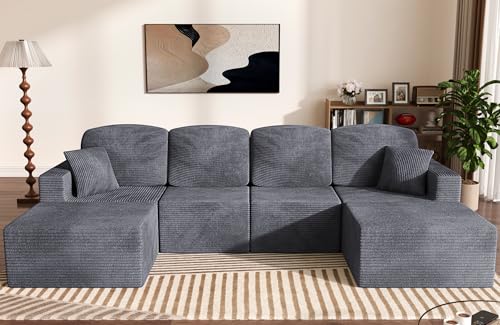 JUMMICO 126” Boneless Couch, Sectional Couches for Living Room, Cloud Couch with Deep Seat, Modular Sectional Sofa with Memory Foam, No Assembly Required (Grey, 4 Seater + 2 Ottoman)