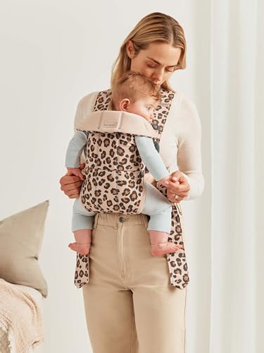 Image of BabyBjorn Baby Carrier Mini, Cotton, Beige /Leopard | Newborn Carrier (7-15 lbs), Ergonomic, Easy-to-Use