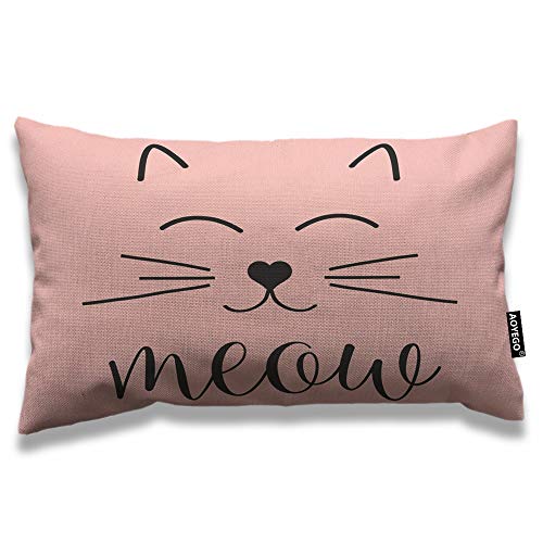 Aoyego Cat Face Throw Pillow Cover 12X20 Inch Cute Animal Kitten Cat Smile Meow Rectangle Pillow Cases Home Decorative Cotton Linen Cushion Cover For Bed Sofa Pink #TOP28
