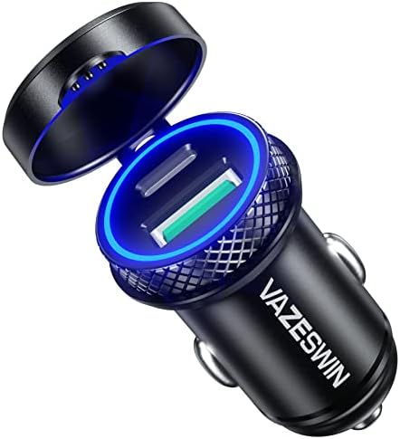 USB C Car Charger, VAZESWIN 60W 5A Mini Metal Super Fast Car Charger Adapter, QC3.0&PD Type C Dual Port Fast Charge USB Car Phone Charger with Blue LED Aperture and Protective Cover
