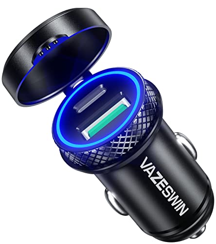 Usb C Car Charger, Vazeswin 60W 5A Mini Metal Super Fast Car Charger Adapter, Qc3.0&Pd Type C Dual Port Fast Charge Usb Car Phone Charger With Blue Led Aperture And Protective Cover #TOP1