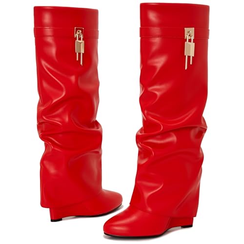 Image of Fold Over Boots for Women Pointy Pull-on Wedge Heel Knee Shark Boot With Side Zipper Padlock Design