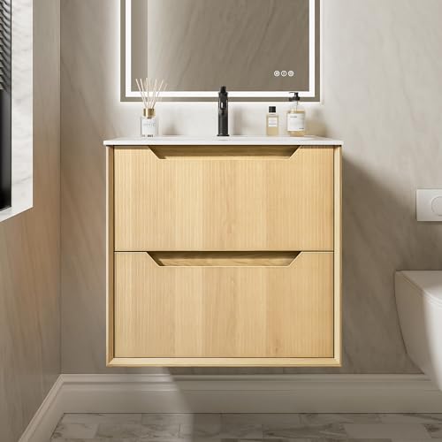 SHOLVEMIAR 24" Japandi Floating Bathroom Vanity with Sink, Pre-Assembled Natural Oak Multi-Layer Solid Wood Bathroom Sink Vanity, Wall Mounted with Integrated Stone Top and 2 Soft Close Drawers