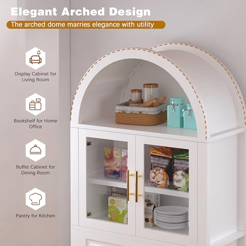 Image of 71 inch Tall Arched Kitchen Pantry Cabinet with Glass Door,Farmhouse Modern Wood Arched Cabinetsw /Adjustable Shelves & Drawer, Accent Cabinet with Barn Door for Kitchen, Living & Dining Room, Bathroom
