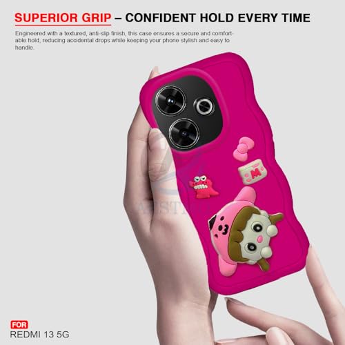 Image of AESTMO Back Case Cover for Redmi 13 5G | 3D Cute Fun Cartoon Characters | Anti Slip Grip Cute Wave Curly Frame Shape | Full Body Protection | Camera Protection Back Cover for Redmi 13 5G (Pink)