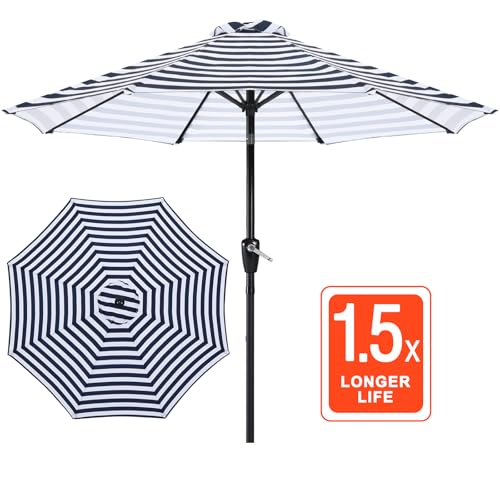 Image of ABCCANOPY 9FT Patio Umbrella Outdoor 8 Ribs Table Umbrella | Fade & UV Resistant Fabric,8 Fiberglass Ribs,Smooth Crank System,Navy Blue White,Great for Patio,Backyard,Garden,Deck