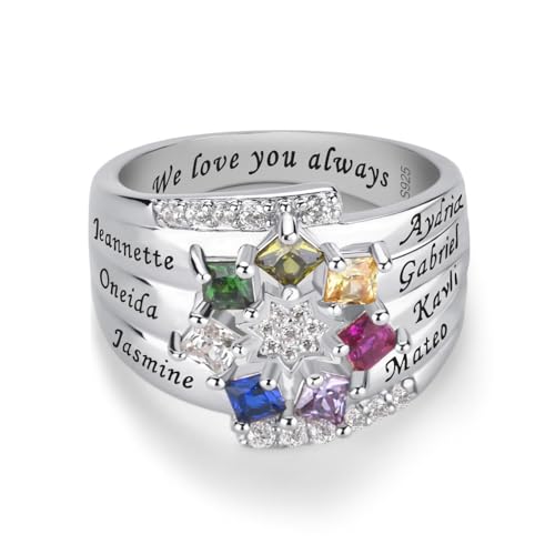 Personalized Sterling Silver Mothers Ring with 1-9 Birthstones for Mom Engraved Name Ring for Women Custom Family Ring for Wife Grandmother Jewelry Gifts Promise Rings for Her