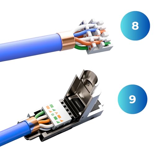 Lot de 12 fiches RJ45 CAT 8 – Fiche réseau sans outil pour Ethernet, câble de pose et câble réseau | Compatible Gigabit, STP blindé, 40 Gbit/s, contacts plaqués or – vue 6