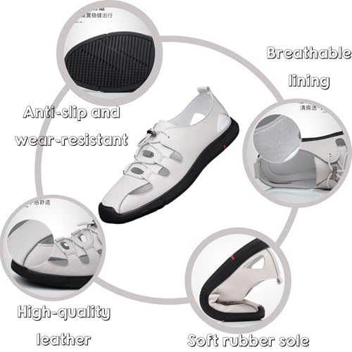 Men's Leather Hollow Casual Sandals with Adjustable Elastic Straps, Comfortable Round Toe Breathable Soft Sole Non-Slip Slip-On Fisherman Sandals for Outdoor Leisure Driving2