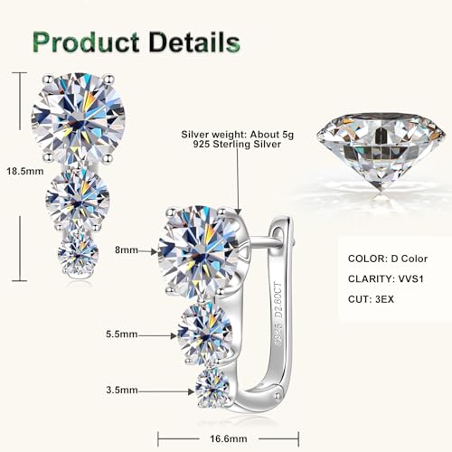 3-Stone Moissanite Hoop Earrings for Women, 5.6cttw D Color VVS1 Clarity 925 Sterling Silver U-Shaped Earrings for Wife Mom Birthday Holiday Jewelry Gifts3