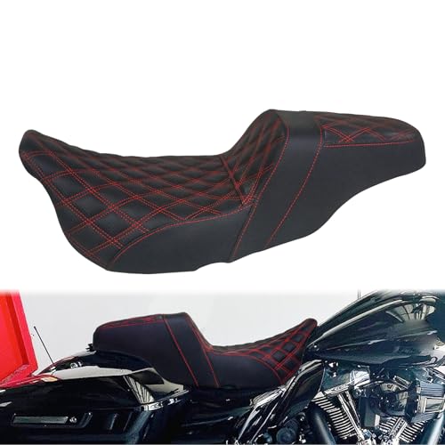 One-Piece Driver Passenger Seat Motorcycle 2-up Seat Fit for Harley Touring Electra Glide Road King Road Glide Street Glide 2009-2023 (Red Stitching)