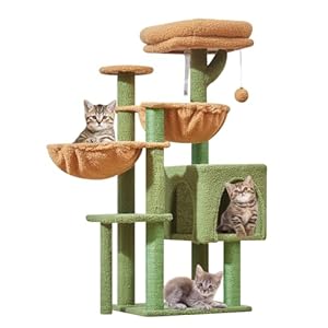 Taoqimiao Cat Tree, 39.4-Inch Cat Tower for Indoor Cats,Suitable for Kittens,Plush Cat Condo with 5 Scratching Posts, Plush Perch,2 Hammock,Pompoms, MS019T Cactus