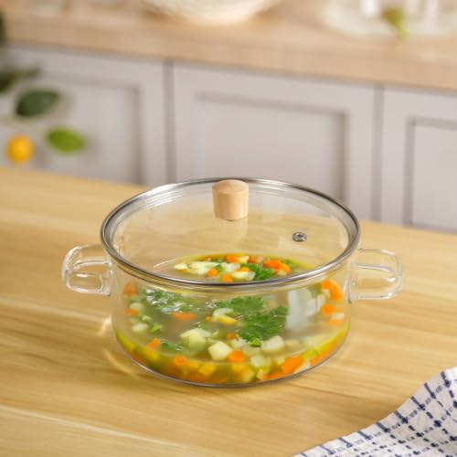 Image of Nestasia Glass Cooking Pot with Lid on Gas Stove (2.5L) - Transparent Glass Casserole with Steam Vent for Cooking | Microwave & Dishwasher Safe, Lightweight & Durable Glass Cookware