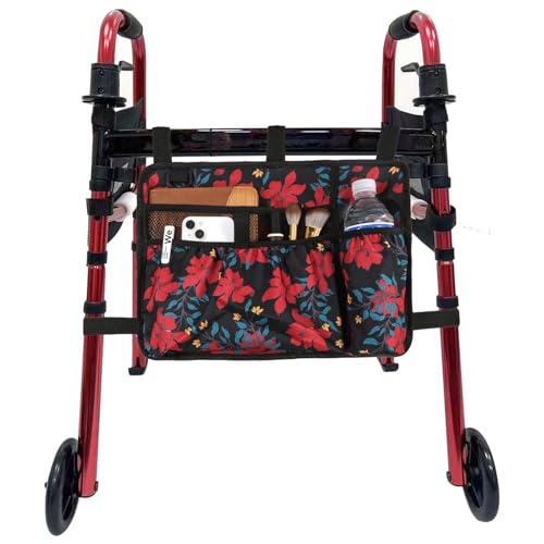 Walking Frame Bag with Cup Holder Hands-Free Storage Caddy for Folding Walker Rollator & Zimmer Frame (Bauhinia)