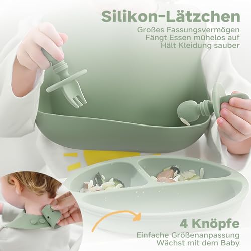 NEXROLA Baby Geschirrset 8 Stück, Kindergeschirr Set, Baby Teller mit Saugnapf, Trinklernbecher, Lernlöffel Baby, Silikon Lätzchen Baby, BPA-frei, Baby Besteck für Spülmaschine und Mikrowelle, Grün