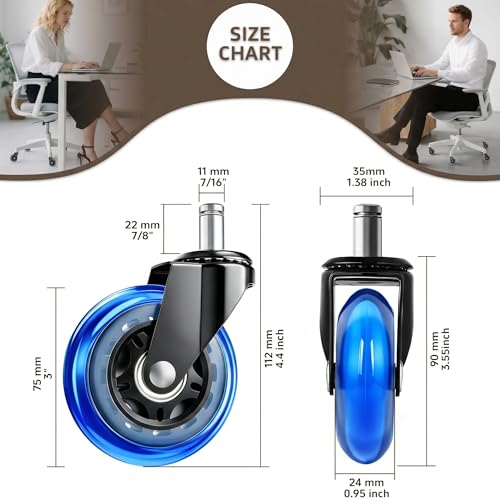 Image of 3 Inch Office Chair Wheels, Set of 10 (Blue) | Heavy Duty Replacement Casters for Hardwood Floor & Carpet, Smooth Quiet Roll, Universal 11mm Stem, Non-Marking PU Wheels