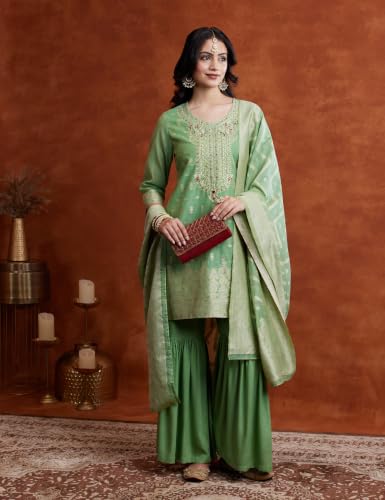 Image of Amazon Brand - Myx Women's Jaquard Embroidered Kurta And Sharara Set With Dupatta | Sharara Suit Set (Available In Plus Sizes)