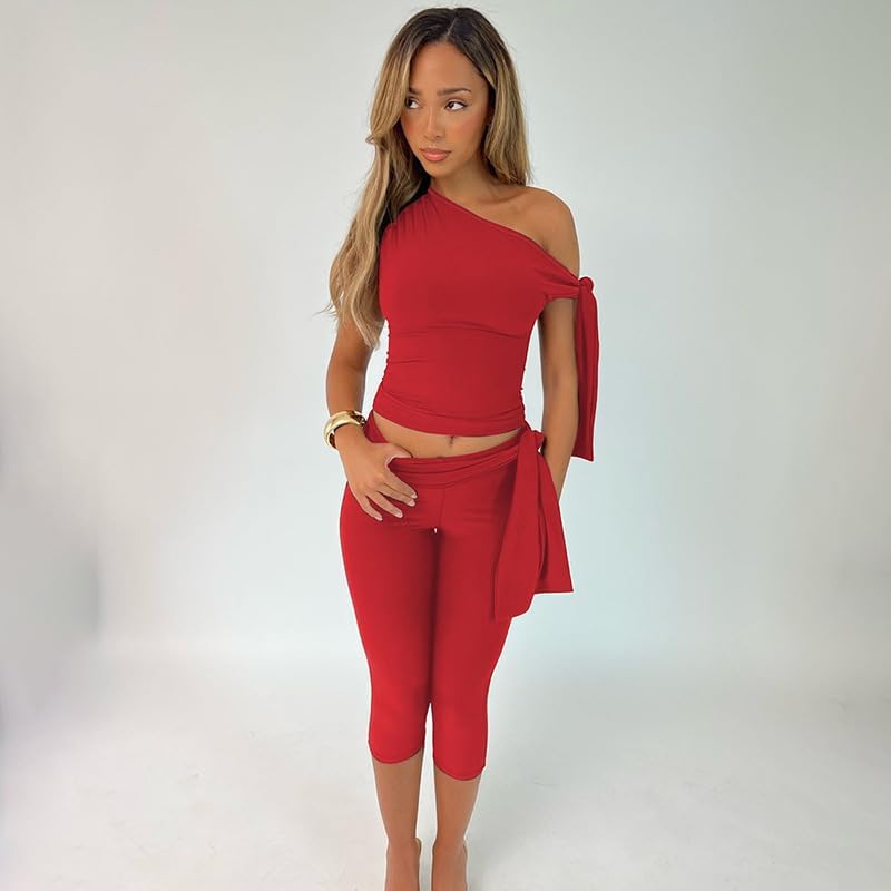 Women's 2 Piece Stretchy Bodycon Outfits Off Shoulder Solid Color Top And High Waist Capri Pants Set - Image 4
