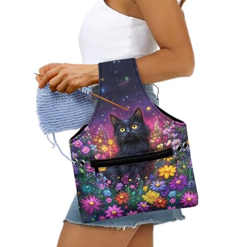 Image of ZUXONGSYBlack Cat Yarn Bags for Knitting Floral Yarn Storage Organizer for Crochet Portable Knitting Project Bag