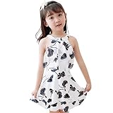 [Teddy] キッズ 水着 女の子 セパレート ハイネック ワンピース ショートパンツ 2点セット ジュニア子供用 レース フリル kids279 (ホワイト, M(90cm))
