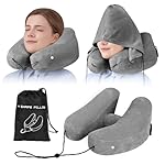 Inflatable Neck Pillow with Adjustable Attached Hood - Supports Head, Neck & Chin - Suitable for Airplanes, Trains, Cars & Travel - Includes Storage Bag (Gray)