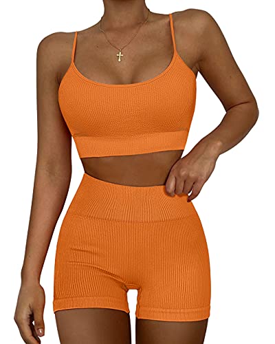 OYS Women s Workout Set 2 Piece Strappy Sports Bra Seamless High Waisted Yoga Ribbed Shorts Orange