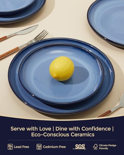 Image of Pokini Stoneware Dinnerware Sets, Ceramic Plates and Bowls Set, Microwave & Dishwasher Safe Kitchen Dish Set, Modern Dinner Plates | Salad Plate | Cereal Bowls for 4, Dishware Sets Blue