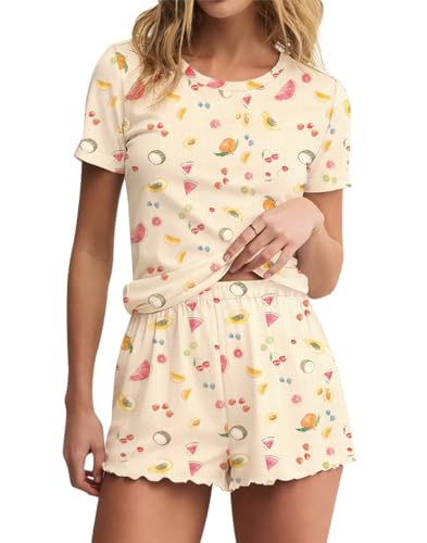 LEEDYA Womens Cute Pajamas 2 Piece Pajamas Set Short Sleeve Tops Shorts PJs Floral Print Y2K Summer Loungewear Yellow-Fruit M