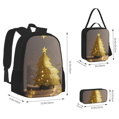 nanger Golden Glitter Christmas Tree Print 3-Piece Set Backpack, Lunch Bag And Pencil Case, For Travel, College, And Daily Use4